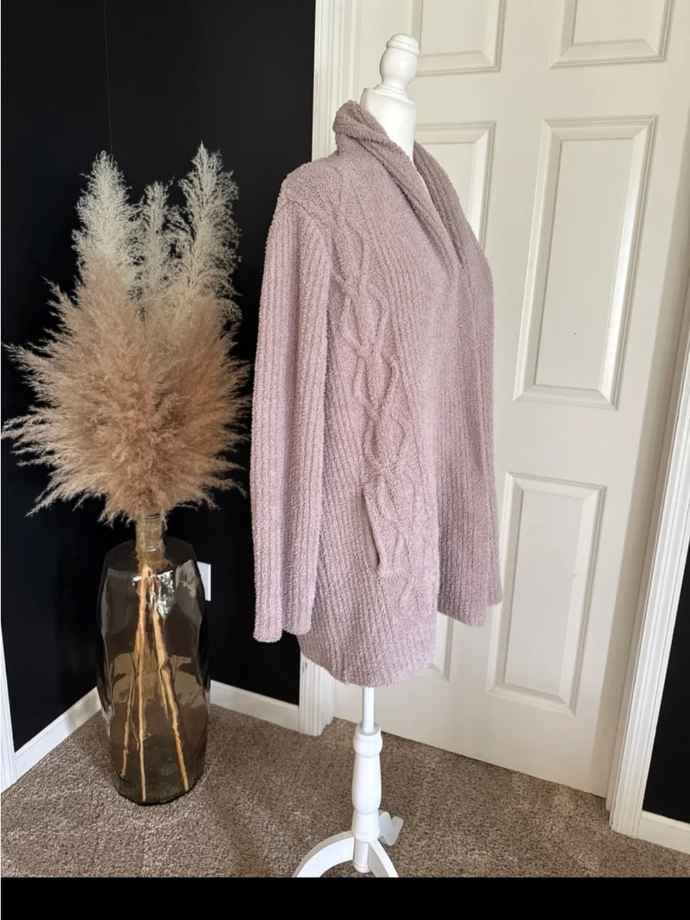 Barefoot Dreams CozyChic Cable Knit Cardigan Jacket Open Front Taupe Medium - Picture 7 of 12